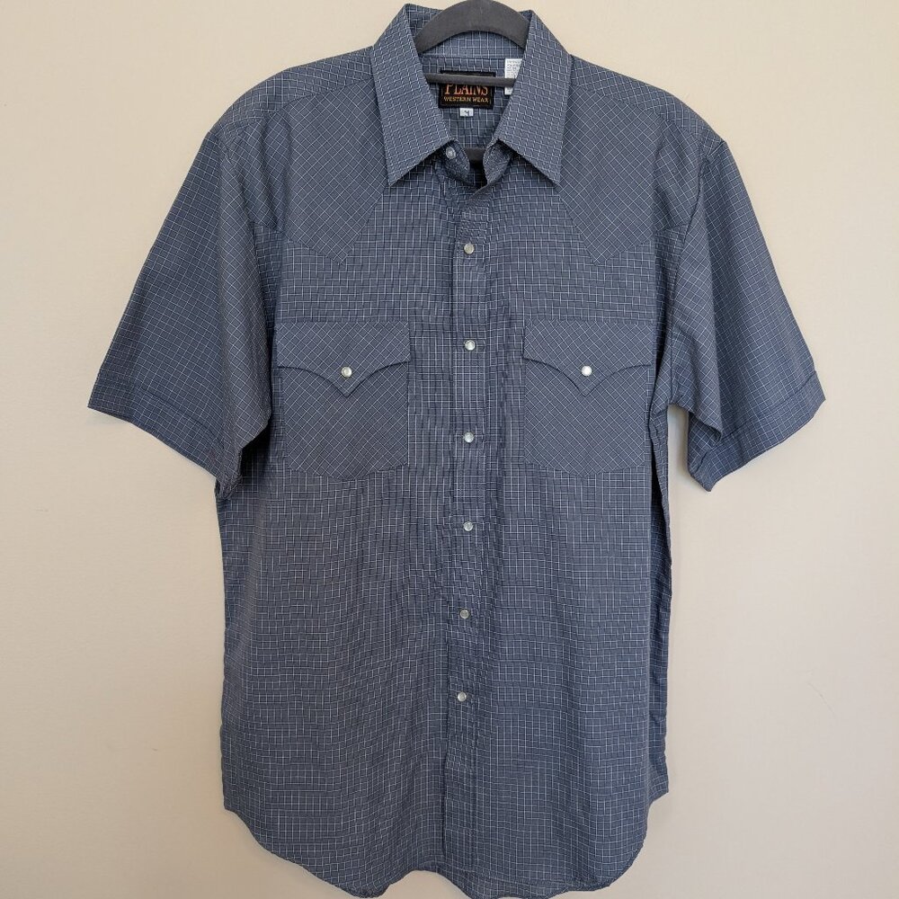 Plains Western Wear Pearl Snap front shirt blue white check Medium EUC